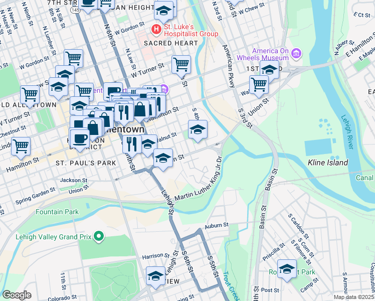 map of restaurants, bars, coffee shops, grocery stores, and more near 150 South Penn Street in Allentown
