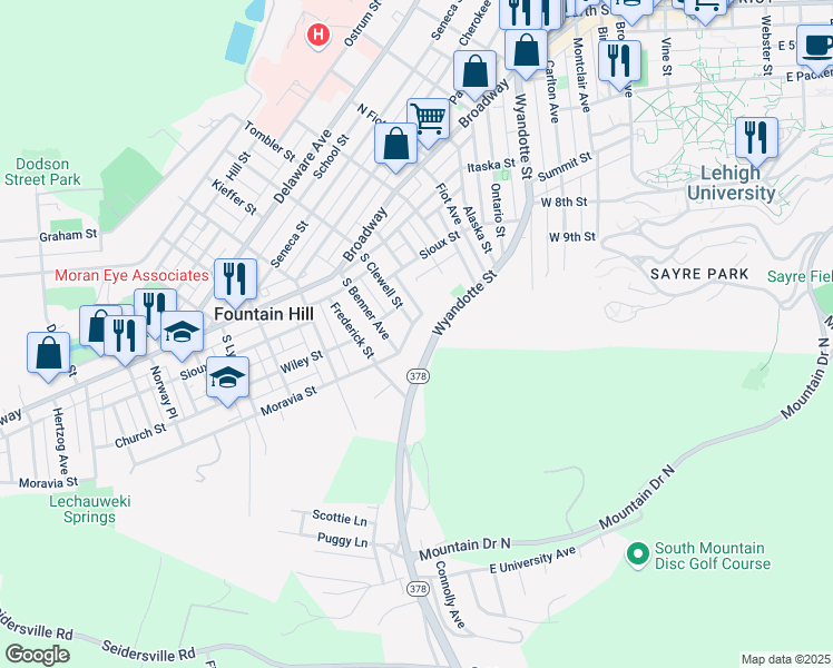 map of restaurants, bars, coffee shops, grocery stores, and more near 99 South Benner Avenue in Bethlehem