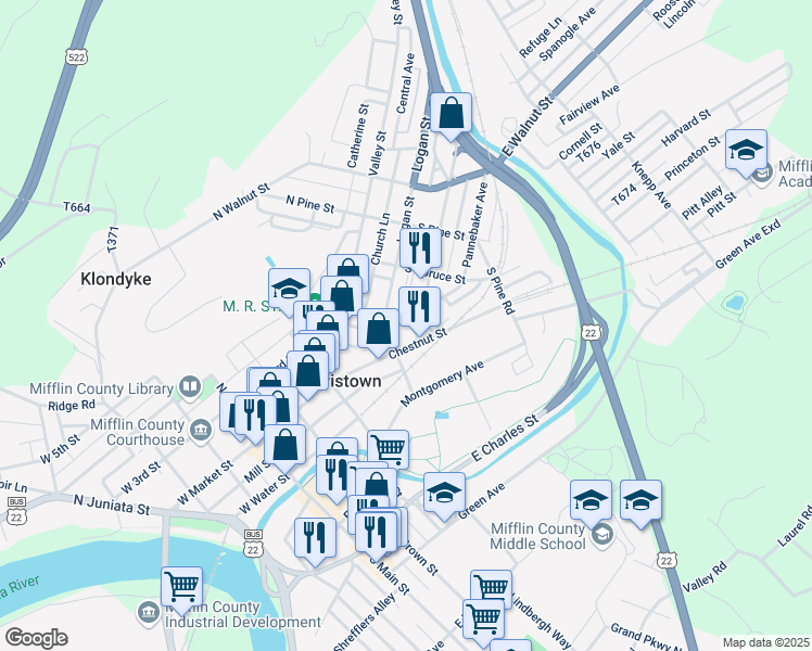 map of restaurants, bars, coffee shops, grocery stores, and more near 27 Forsythe Street in Lewistown