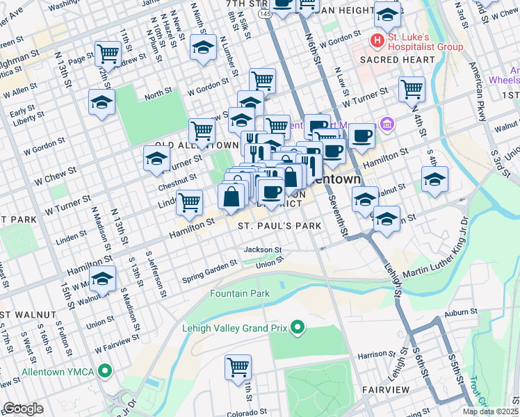 map of restaurants, bars, coffee shops, grocery stores, and more near 904 Hamilton Street in Allentown