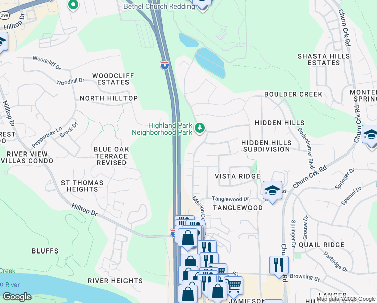map of restaurants, bars, coffee shops, grocery stores, and more near 556 Mission De Oro Drive in Redding