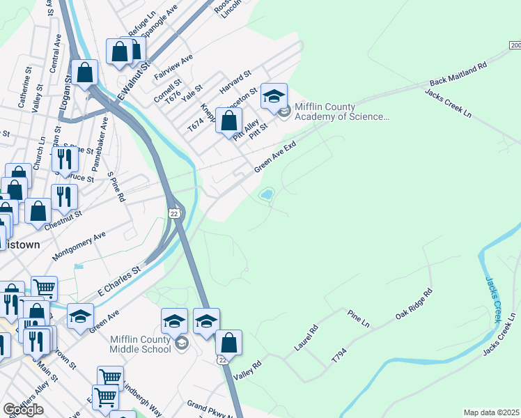 map of restaurants, bars, coffee shops, grocery stores, and more near 61 Geisinger Lane in Lewistown