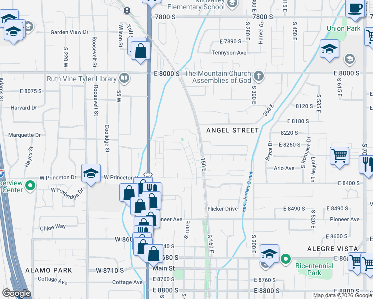 map of restaurants, bars, coffee shops, grocery stores, and more near 102 Calbourne Lane in Sandy