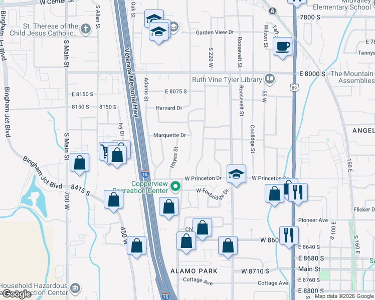 map of restaurants, bars, coffee shops, grocery stores, and more near 8298 Harrison Street in Midvale