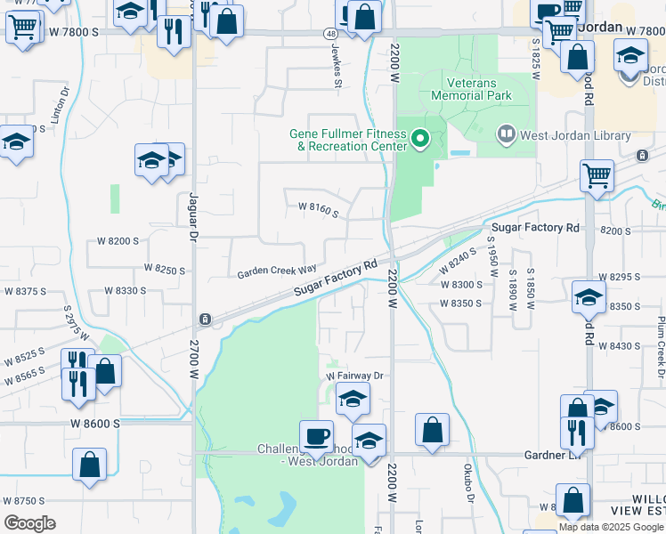 map of restaurants, bars, coffee shops, grocery stores, and more near 2315 Sugar Factory Road in West Jordan