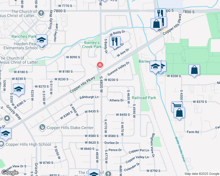 map of restaurants, bars, coffee shops, grocery stores, and more near 4732 Helenic Lane in West Jordan