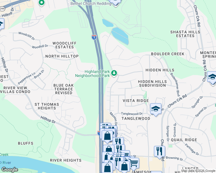 map of restaurants, bars, coffee shops, grocery stores, and more near 556 Mission De Oro Drive in Redding
