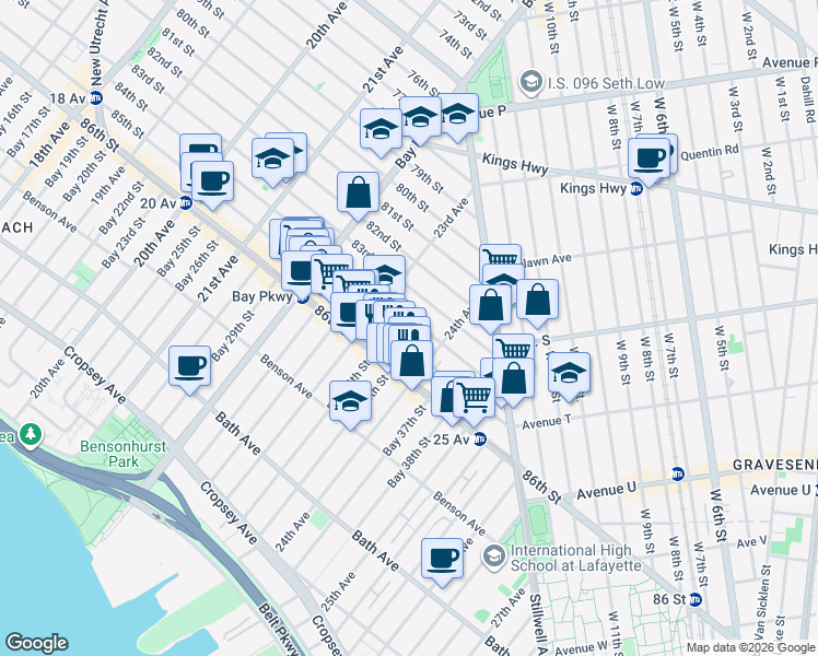 map of restaurants, bars, coffee shops, grocery stores, and more near 2367 86th Street in Brooklyn