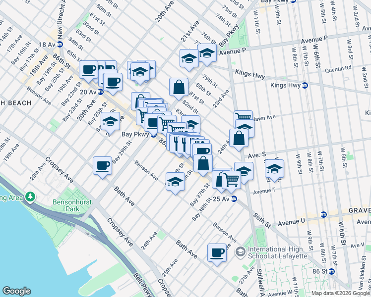 map of restaurants, bars, coffee shops, grocery stores, and more near 2326 85th Street in Brooklyn