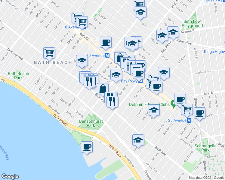 map of restaurants, bars, coffee shops, grocery stores, and more near 120 Bay 28th Street in Brooklyn