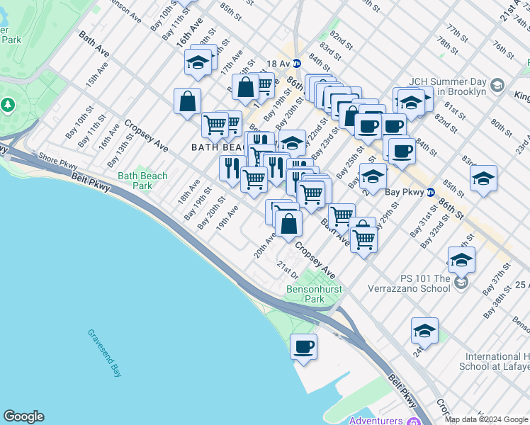 map of restaurants, bars, coffee shops, grocery stores, and more near 1919 Cropsey Avenue in Brooklyn