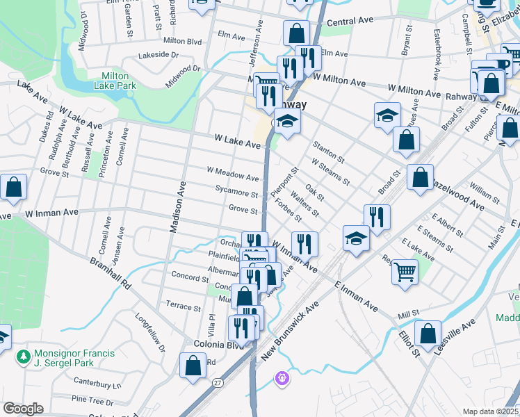 map of restaurants, bars, coffee shops, grocery stores, and more near 560 Saint Georges Avenue in Rahway
