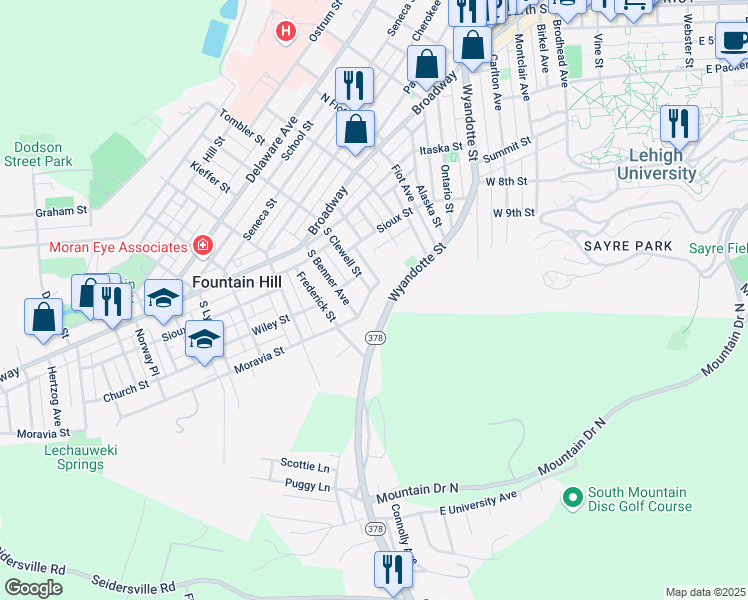 map of restaurants, bars, coffee shops, grocery stores, and more near 99 South Benner Avenue in Bethlehem