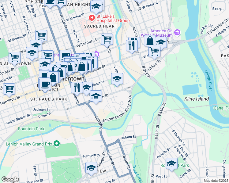 map of restaurants, bars, coffee shops, grocery stores, and more near 415 Willow Circle in Allentown