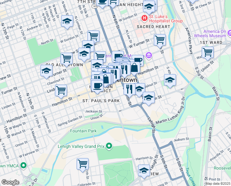 map of restaurants, bars, coffee shops, grocery stores, and more near 737 Walnut Street in Allentown