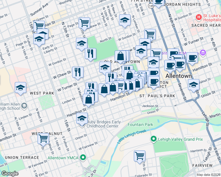 map of restaurants, bars, coffee shops, grocery stores, and more near 1137 West Court Street in Allentown
