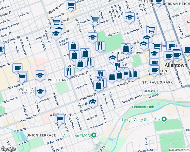 map of restaurants, bars, coffee shops, grocery stores, and more near 1299 Linden Street in Allentown