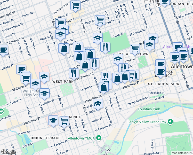 map of restaurants, bars, coffee shops, grocery stores, and more near 118 North Madison Street in Allentown