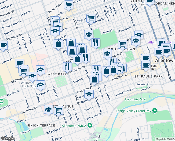 map of restaurants, bars, coffee shops, grocery stores, and more near 118 North Madison Street in Allentown