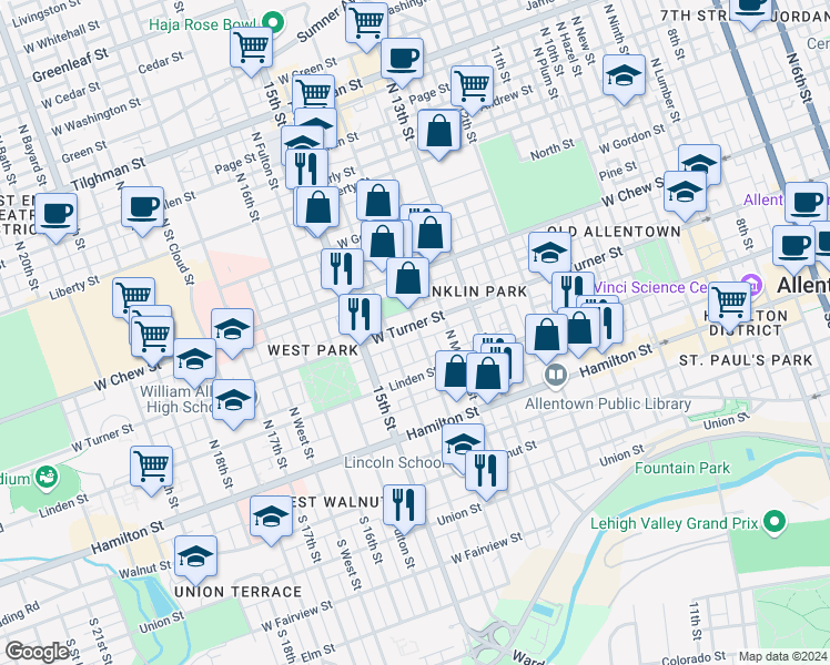 map of restaurants, bars, coffee shops, grocery stores, and more near 1414 Newton Street in Allentown