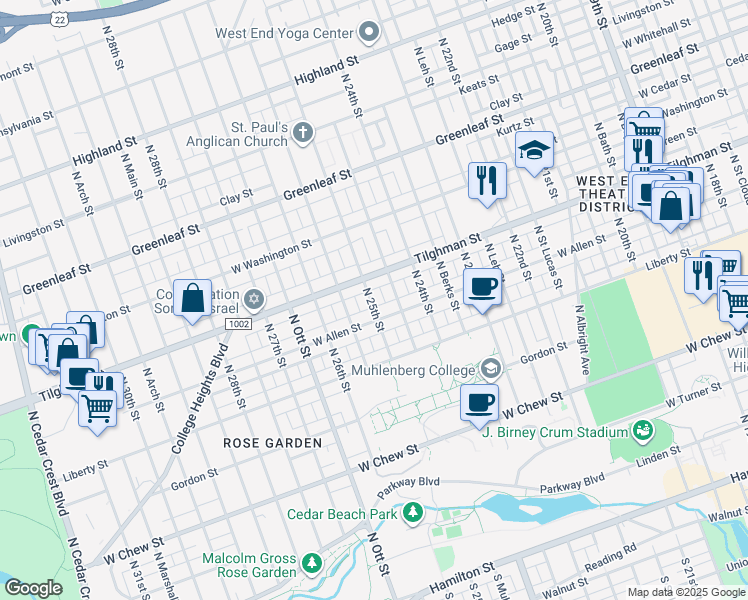 map of restaurants, bars, coffee shops, grocery stores, and more near 605 North 25th Street in Allentown
