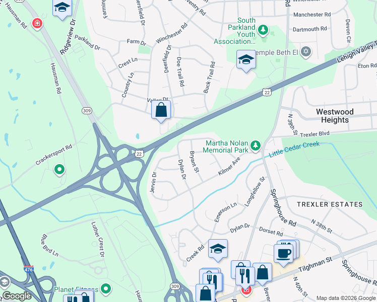 map of restaurants, bars, coffee shops, grocery stores, and more near 1120 Bryant Street in Allentown