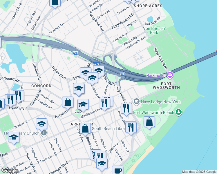 map of restaurants, bars, coffee shops, grocery stores, and more near 11 Hastings Street in Staten Island