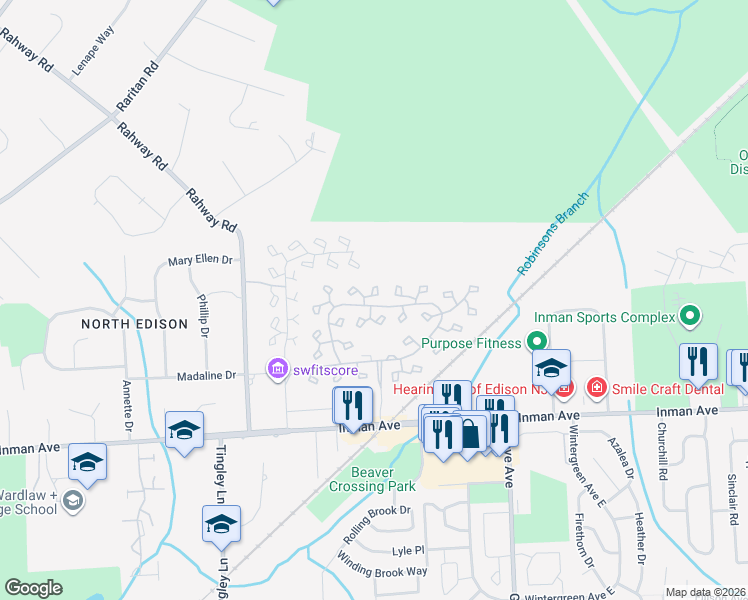 map of restaurants, bars, coffee shops, grocery stores, and more near 93 Westgate Drive in Edison