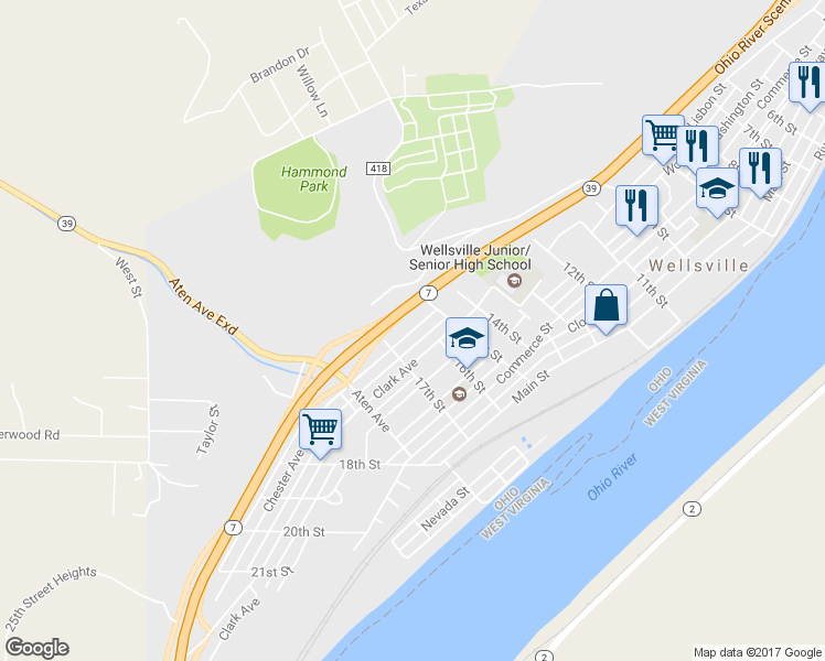 map of restaurants, bars, coffee shops, grocery stores, and more near 1623 Chester Avenue in Wellsville