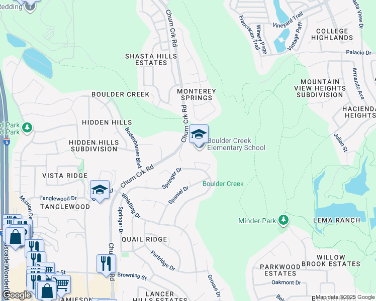 map of restaurants, bars, coffee shops, grocery stores, and more near 655 Churn Creek Road in Redding