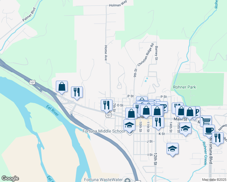 map of restaurants, bars, coffee shops, grocery stores, and more near 1026 Home Avenue in Fortuna