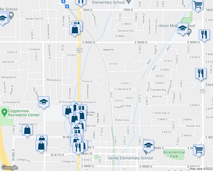 map of restaurants, bars, coffee shops, grocery stores, and more near 8278 South Resaca Drive in Sandy