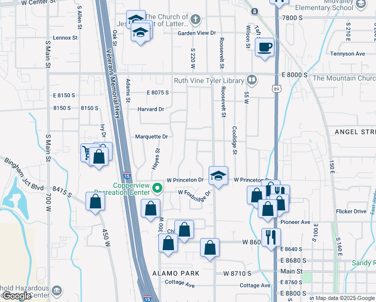 map of restaurants, bars, coffee shops, grocery stores, and more near 8279 Jackson Street in Midvale