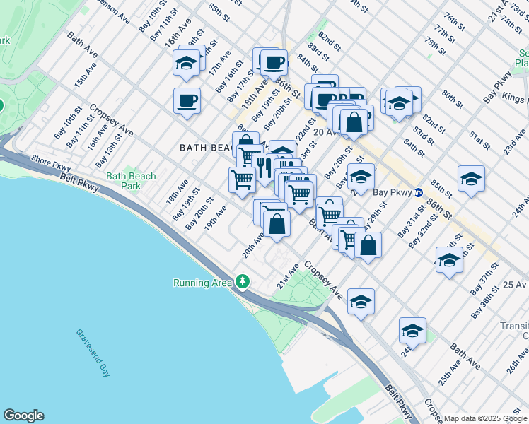 map of restaurants, bars, coffee shops, grocery stores, and more near 205 Bay 23rd Street in Brooklyn