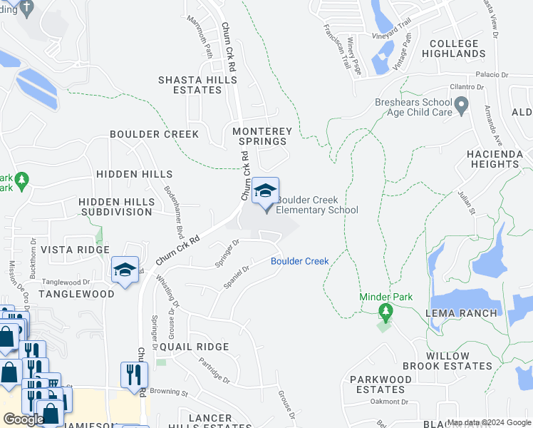 map of restaurants, bars, coffee shops, grocery stores, and more near 505 Springer Drive in Redding