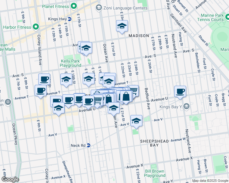 map of restaurants, bars, coffee shops, grocery stores, and more near 2499 Ocean Avenue in Brooklyn