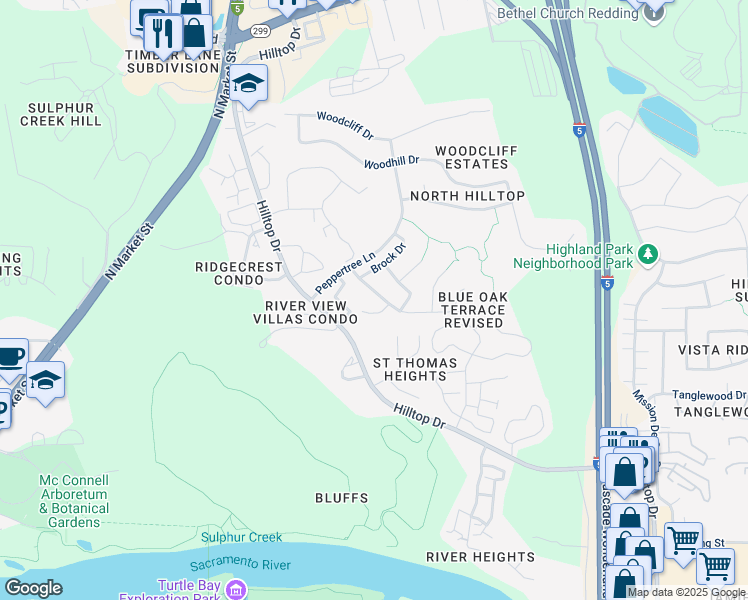 map of restaurants, bars, coffee shops, grocery stores, and more near 461 Alamine Drive in Redding