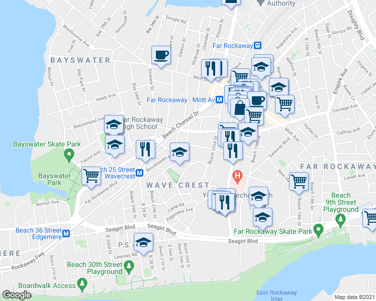 map of restaurants, bars, coffee shops, grocery stores, and more near 632 Grassmere Terrace in Queens