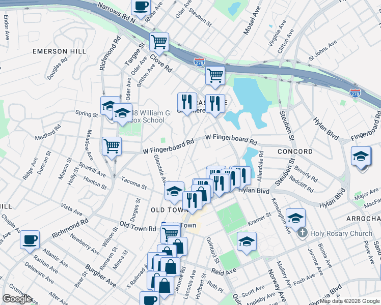 map of restaurants, bars, coffee shops, grocery stores, and more near 45 Marie Street in Staten Island