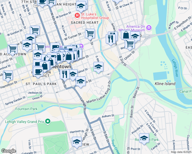 map of restaurants, bars, coffee shops, grocery stores, and more near 415 Willow Circle in Allentown