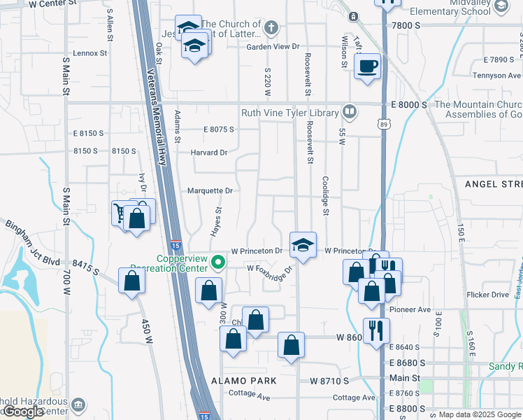 map of restaurants, bars, coffee shops, grocery stores, and more near 8279 Jackson Street in Midvale