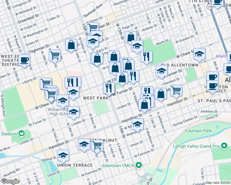 map of restaurants, bars, coffee shops, grocery stores, and more near 1427 West Turner Street in Allentown