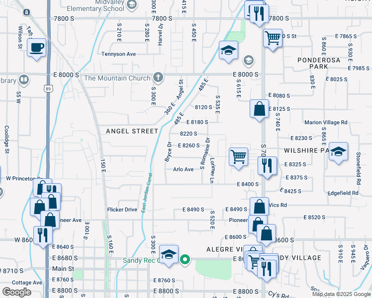 map of restaurants, bars, coffee shops, grocery stores, and more near 416 East 8260 South in Sandy