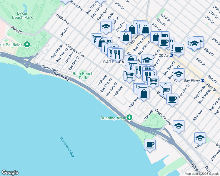 map of restaurants, bars, coffee shops, grocery stores, and more near 280 Bay 20th Street in Brooklyn
