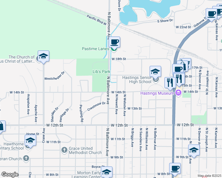 map of restaurants, bars, coffee shops, grocery stores, and more near 1346 North Baltimore Avenue in Hastings