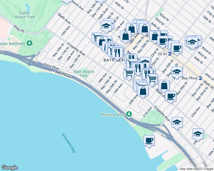 map of restaurants, bars, coffee shops, grocery stores, and more near 293 Bay 20th Street in Brooklyn