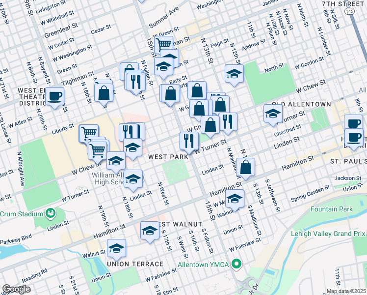 map of restaurants, bars, coffee shops, grocery stores, and more near 1525 West Turner Street in Allentown