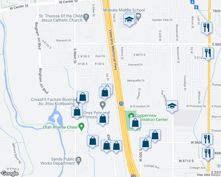 map of restaurants, bars, coffee shops, grocery stores, and more near 8263 South 530 West in Midvale