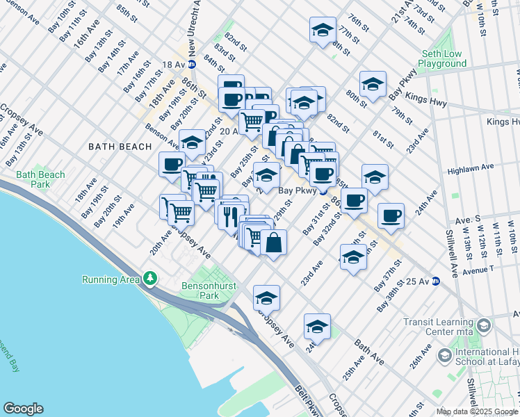 map of restaurants, bars, coffee shops, grocery stores, and more near 90 Bay 28th Street in Brooklyn