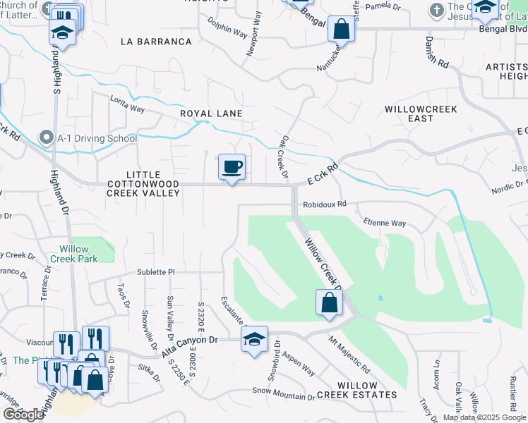 map of restaurants, bars, coffee shops, grocery stores, and more near 2458 Robidoux Road in Sandy
